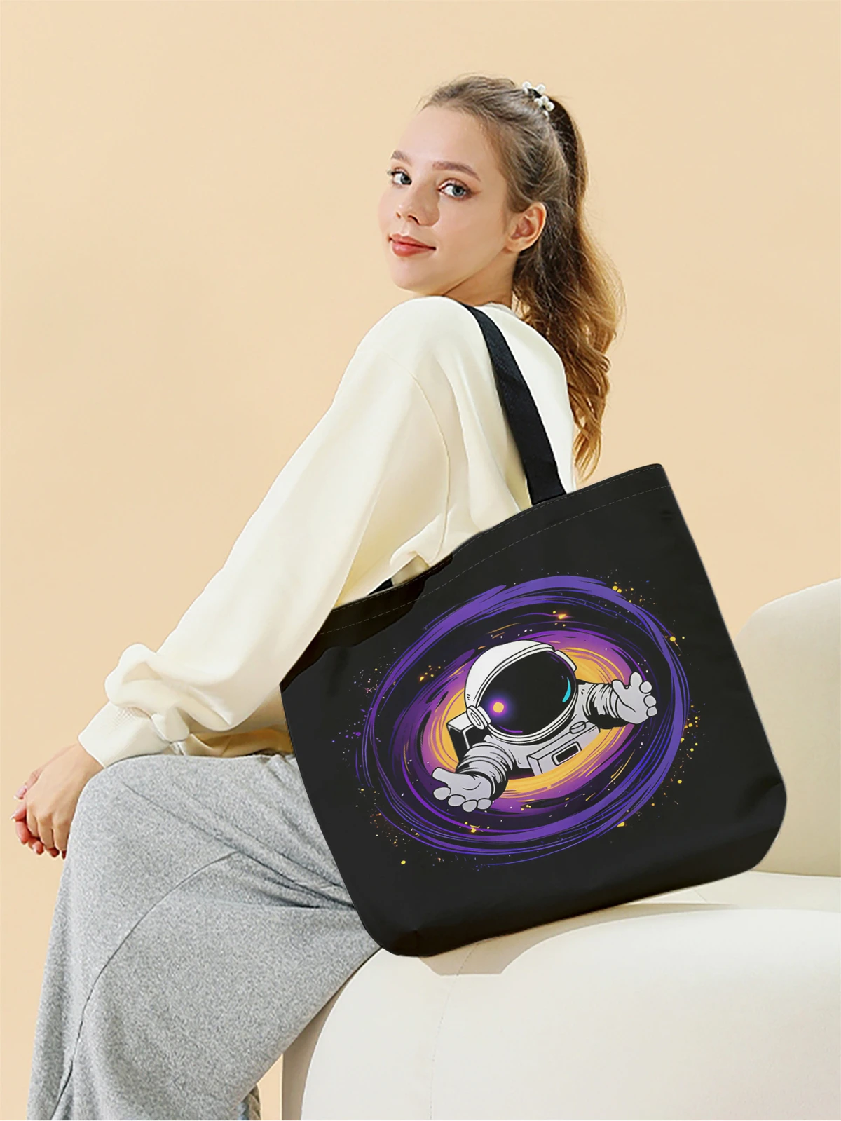 1pc,Starry Sky Astronaut Handbag, Reusable Fashion Handbag, Multi functional Handbag, Printed Canvas Shopping Bag