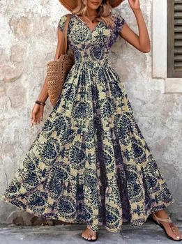 2026 Vintage Floral Print Dress Elegant V-Neck Short Sleeve Long Women's Fashion Retro Gown 1