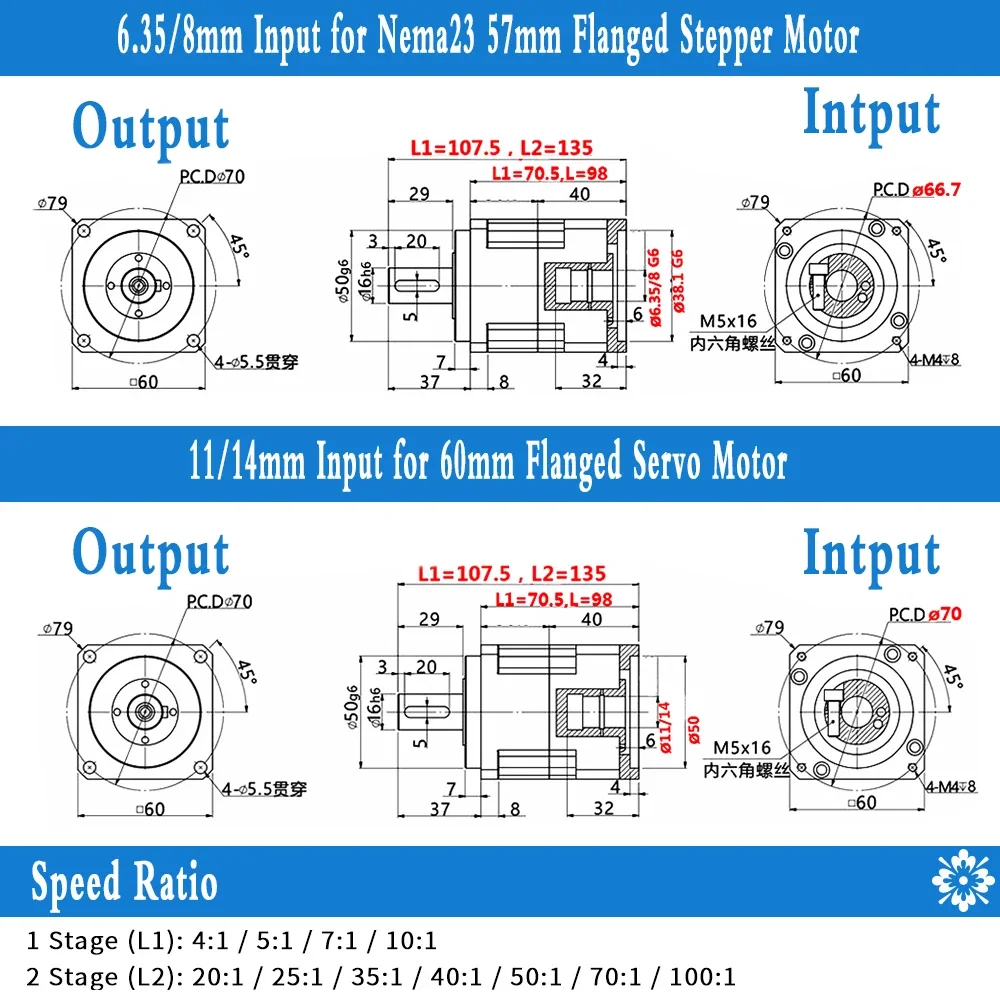 High Precision Helical Gear Nema23 Planetary Gearbox 3Arcmin Ratio 3:1~100:1 Input 11/14mm For 200W 400W Servo Motor Reducer