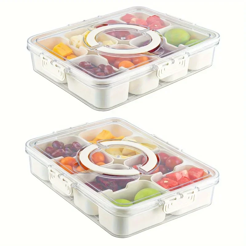 1pc Divided tray handle -8-compartment fruit container lid detachable snack box wooden serving tray plastic serving tray stainless steel food containers