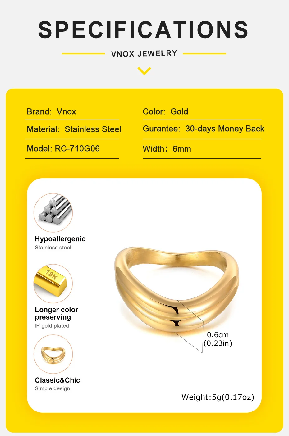 Vnox Hochglanzpolierter geometrischer Ring aus Edelstahl, wasserdicht vergoldet, minimalistische Wellenform, glatter Fingerschmuck, Hochzeit – Detail 5