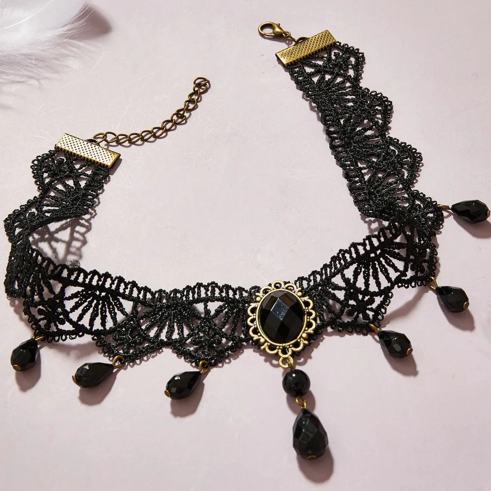 Black Lace Necklace Retro Court Gothic Personality Crystal Lace Necklace Choker Clavicle Chain lace necklace lace choker necklaces