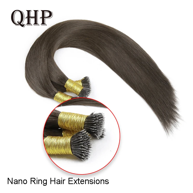 QHP Nano Ring Hair Extensions 100% Raw Virgin Human Hair for Women Pre Bonded Straight Capsule Natural Color Brazilian 50pc