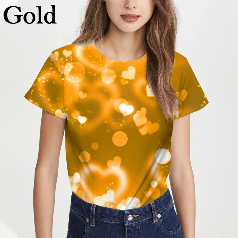 

New Ladies Heart-shaped 3d Print Short Sleeved T-shirt Fashion Round Neck T-shirt Women