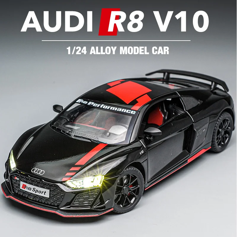

1/24 R8 Miniature Car Model Door Openable Sound And Light Rear Pull Back Metal Die-casting Model Car Children's Toys Collection