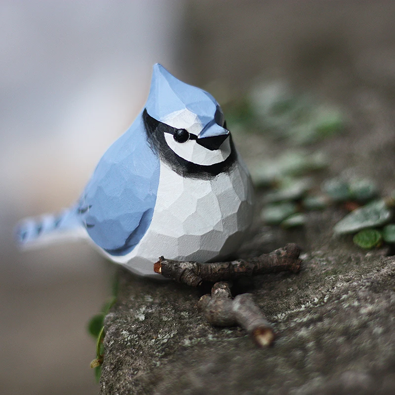 Wood carving blue jay handmade natural solid wood bird