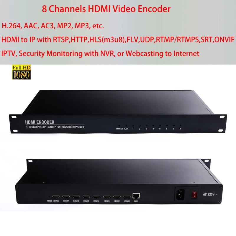 1U Rack 8 Channel H.264 HDMI Video Encoder HTTP RTSP RTMP UDP SRT ONVIF to IPTV or NVR or Webcasting