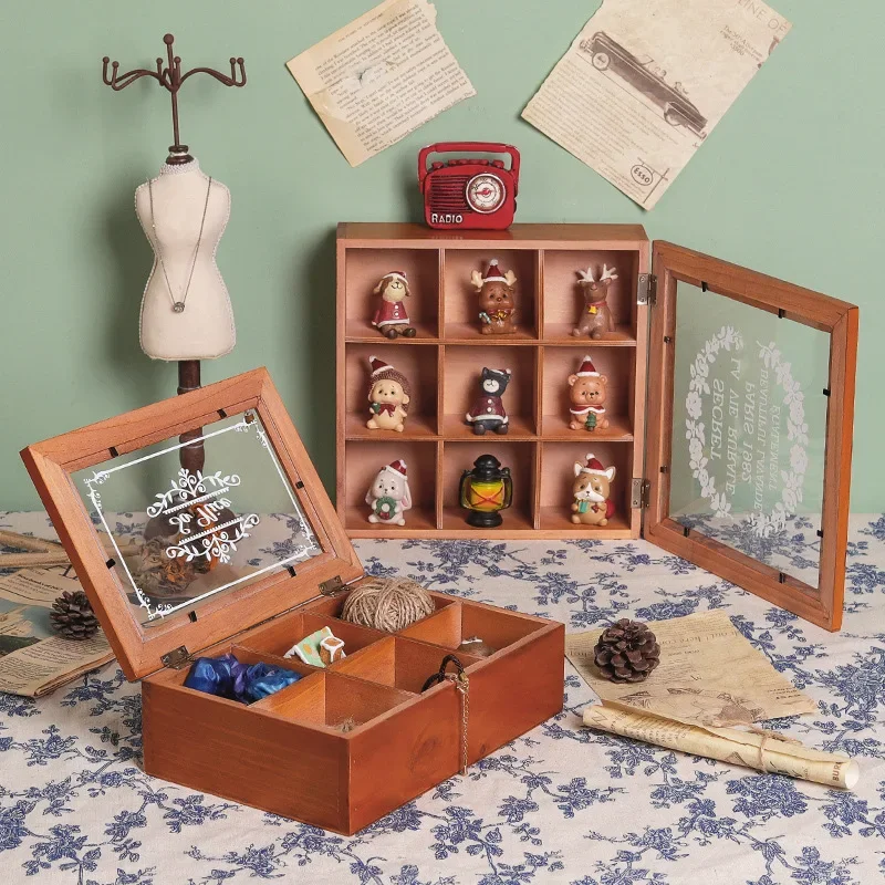 

New Retro Wooden Desk Storage Box Multilayer Doll Figure Display Stand Desktop Drawer Type Cosmetic Jewelry Decoration Organizer