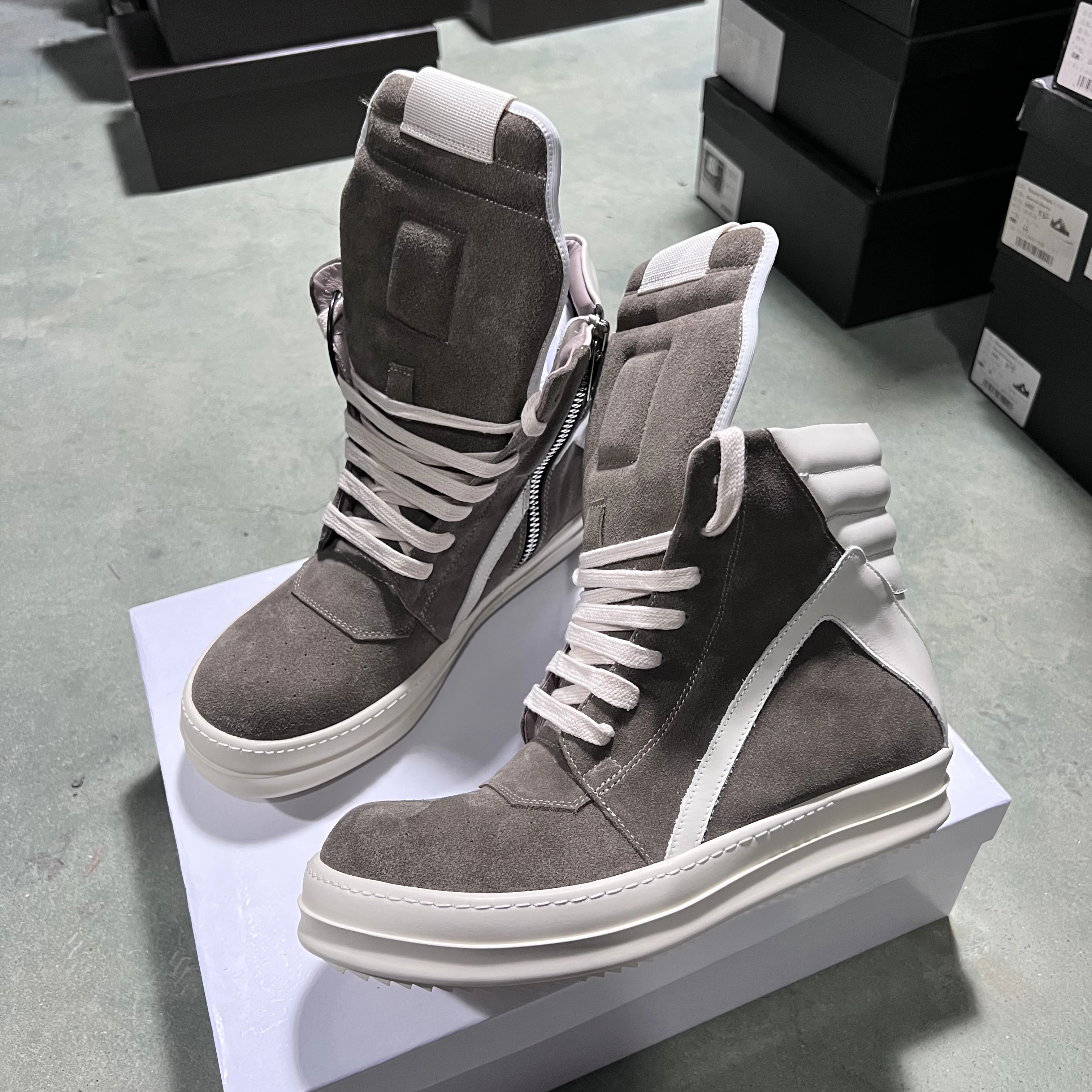 Brand Casual Men Shoe High Top Roman Women Sneaker Quality Brown Geobasket Cow Suede Zip Luxury Thick-sole Flat Ankle Boot