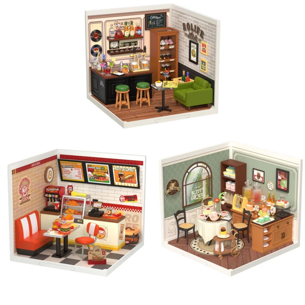 Robotime Diy 3D Puzzle Home Gift Idea Model Supply Store Kit with LED Yum Yum Burger And Leisurely Cheers Bar And Sweet Sips Tea