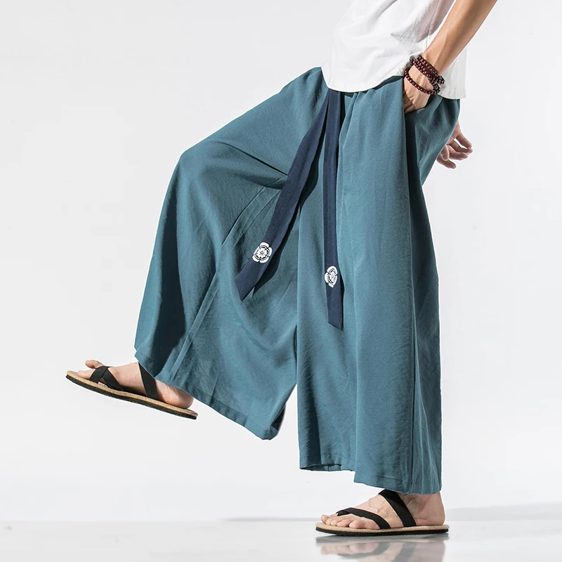 

2024 Men Wide Leg Pants Mens Cotton Joggers Retro Loose Trousers Man Chinese Style Linen Pants Male Big Crotch Nepal Robe Pants