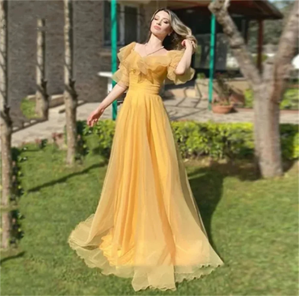 

Sweetheart Yellow Tired Prom Dresses Square Neck Short SleevesTulle A-line Elegant Floor Length Puff Sleeves Robes De Soirée