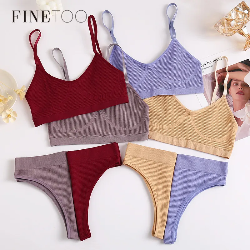 FINETOO Seamless Women Top Panties Set Cotton Tops Low Waist G-String Underwear Set Soft Active Wear Lingerie Fitness Crop Top