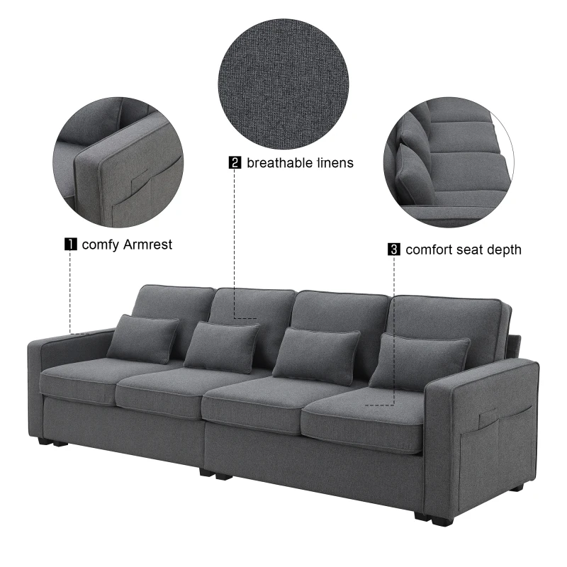 4-Seater Modern Linen Fabric Sofa with Armrest Pockets - Light Grey