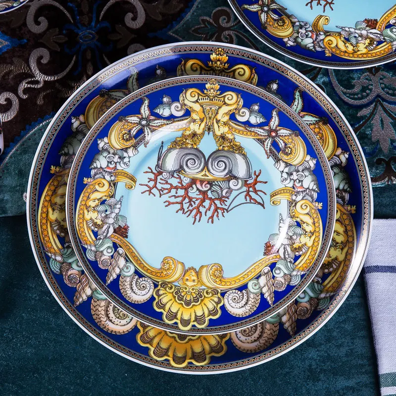 

Prato de luxo, porcelana óssea, azul, casa de balada ocidental, isolamento de coração do mar, utensílios decorativos