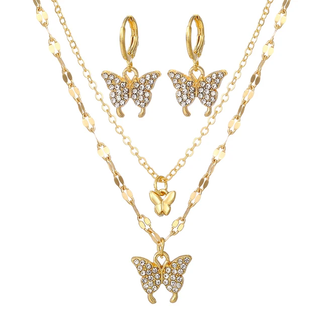 EN Wedding Fashion Butterfly Pendant Necklace & Earrings Set New Trend Crystal Jewelry Set For Women Girls Gifts 5