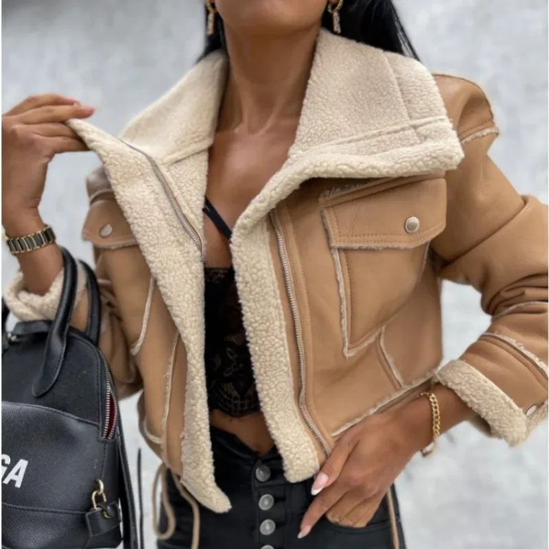 Faux Leather Jackets Women PU Short Thick Warm Black Outwear Female Aviator Retro Lapel Velvet Coat New Year Winter Tops YDL06