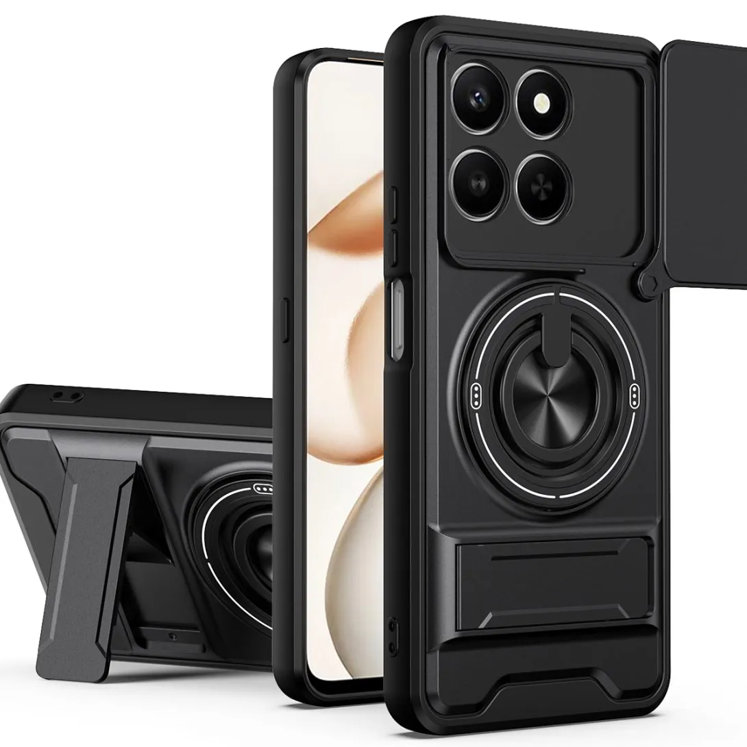 Enhanced Shockproof Armor Phone Case with Slide Lens Protector and Ring Holder