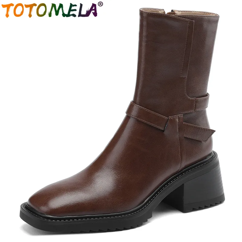 

TOTOMELA 2024 New Synthetic Zipper Autumn Boots Square High Heels Ankle Boots Top Quality Ladies Square Toe Platform Boots