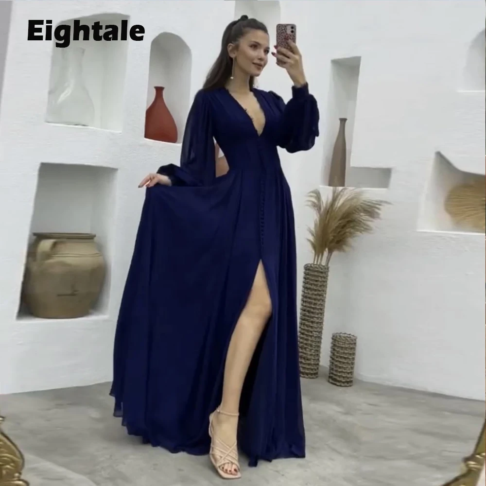 

Eightale Blue Arabic Evening Dress for Wedding Party Chiffon Deep V-Neck Long Puffy Sleeves A-Line Prom Gowns Celebrity Dress