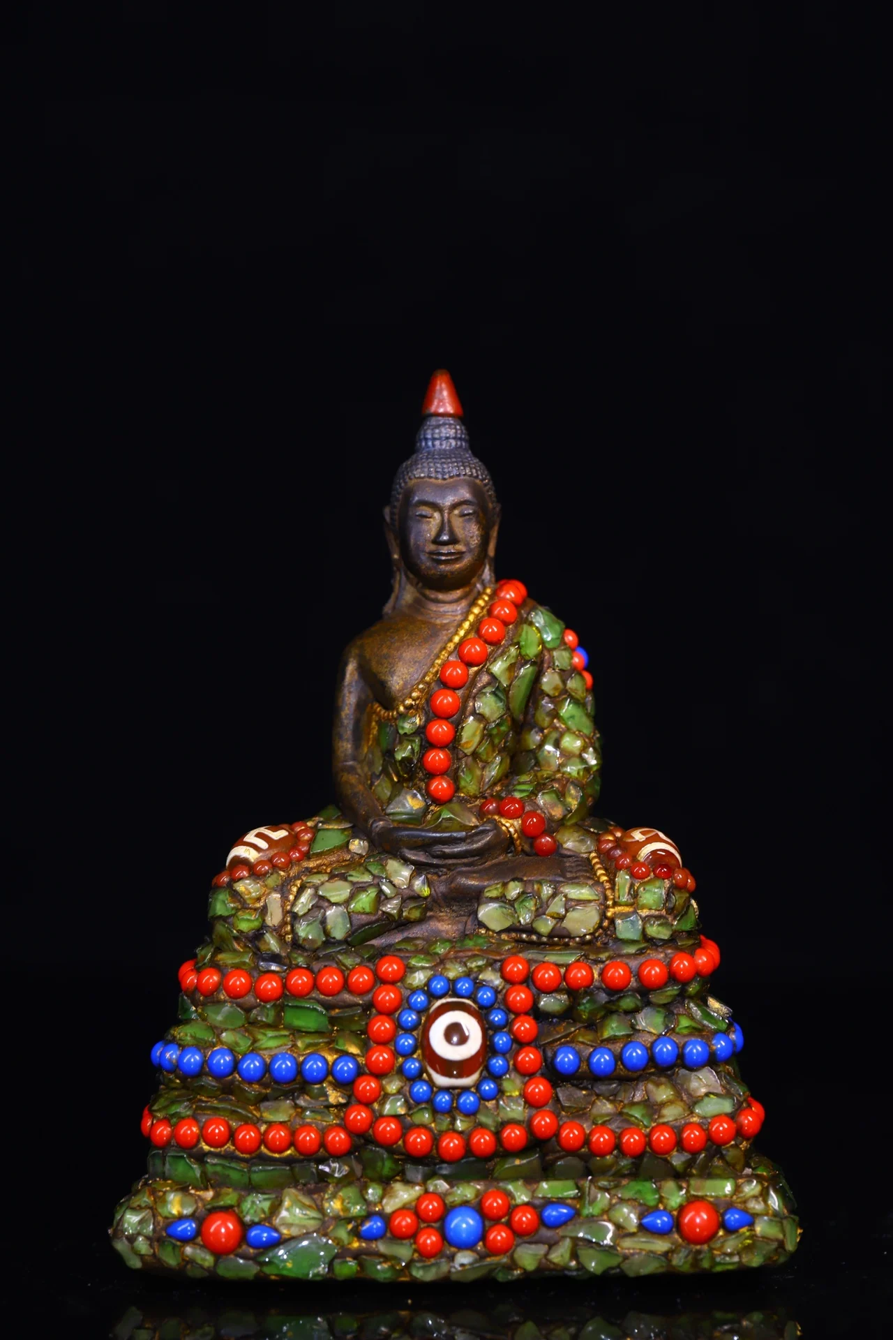 

6"Tibetan Temple Collection Old Natural incense ash wipe Buddha Mosaic gem Dzi Beads Shakyamuni Buddha Amitabha Town house