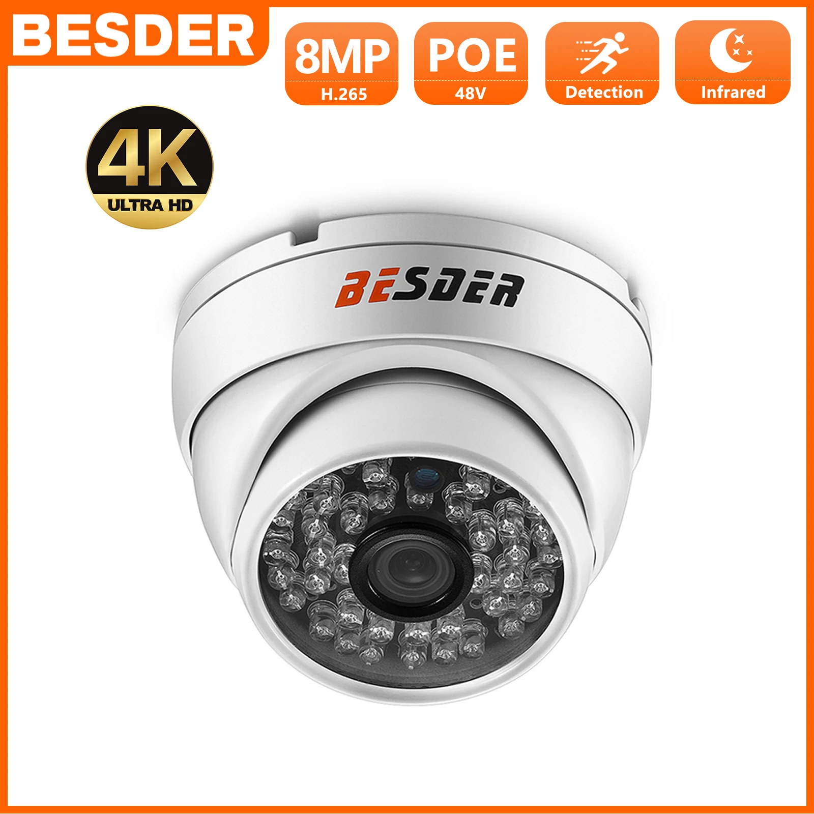 BESDER H.265 8MP 5MP Vandal-proof IP Camera Outdoor P2P RTSP 30M IR Night Vision CCTV Security Video Surveillance Camera 48V POE