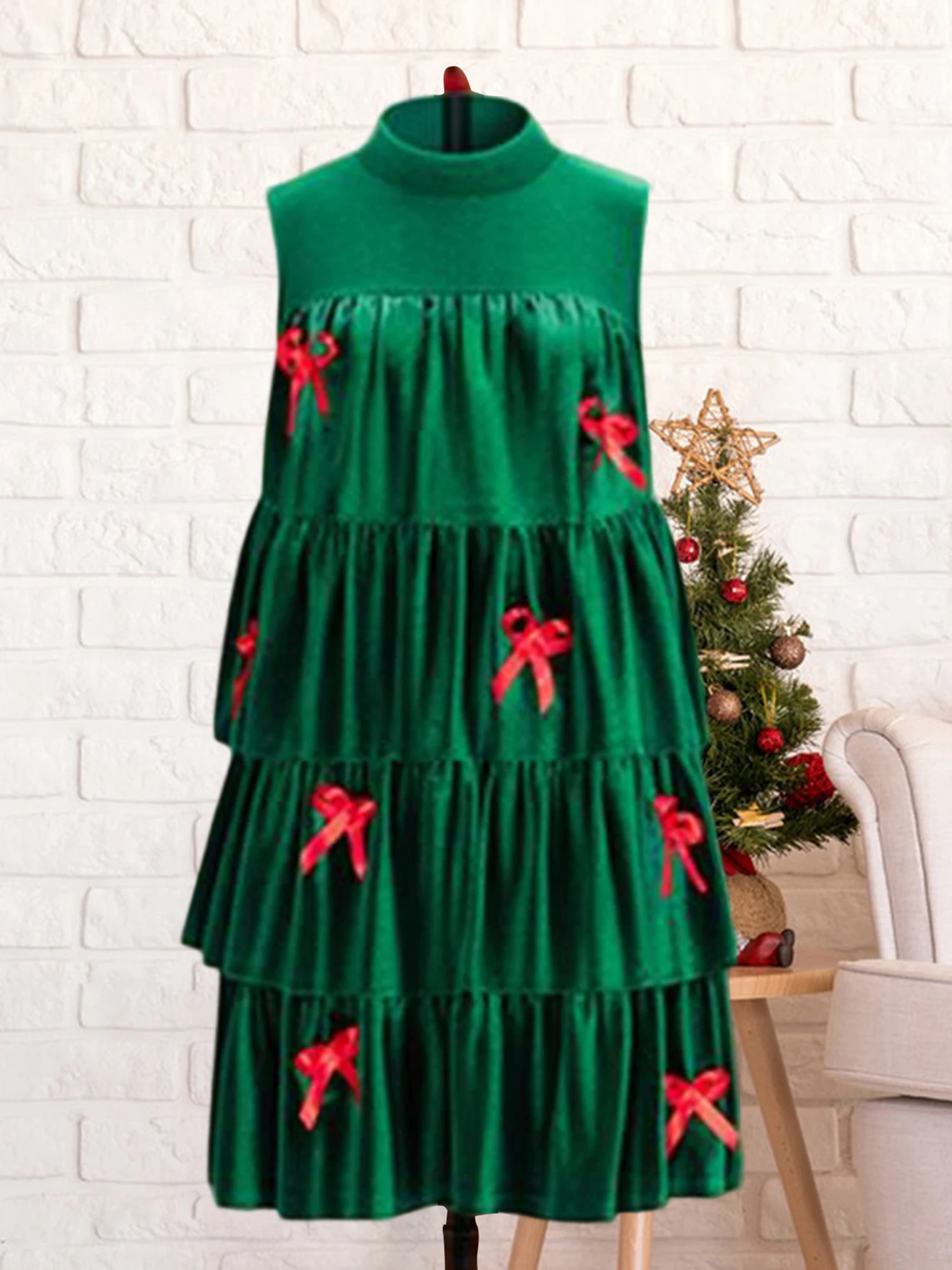 Women s Festive Holiday Dress Elegant Flowy A-Line Silhouette with Charming Bow Detail and Flirty Ruffled Hemline