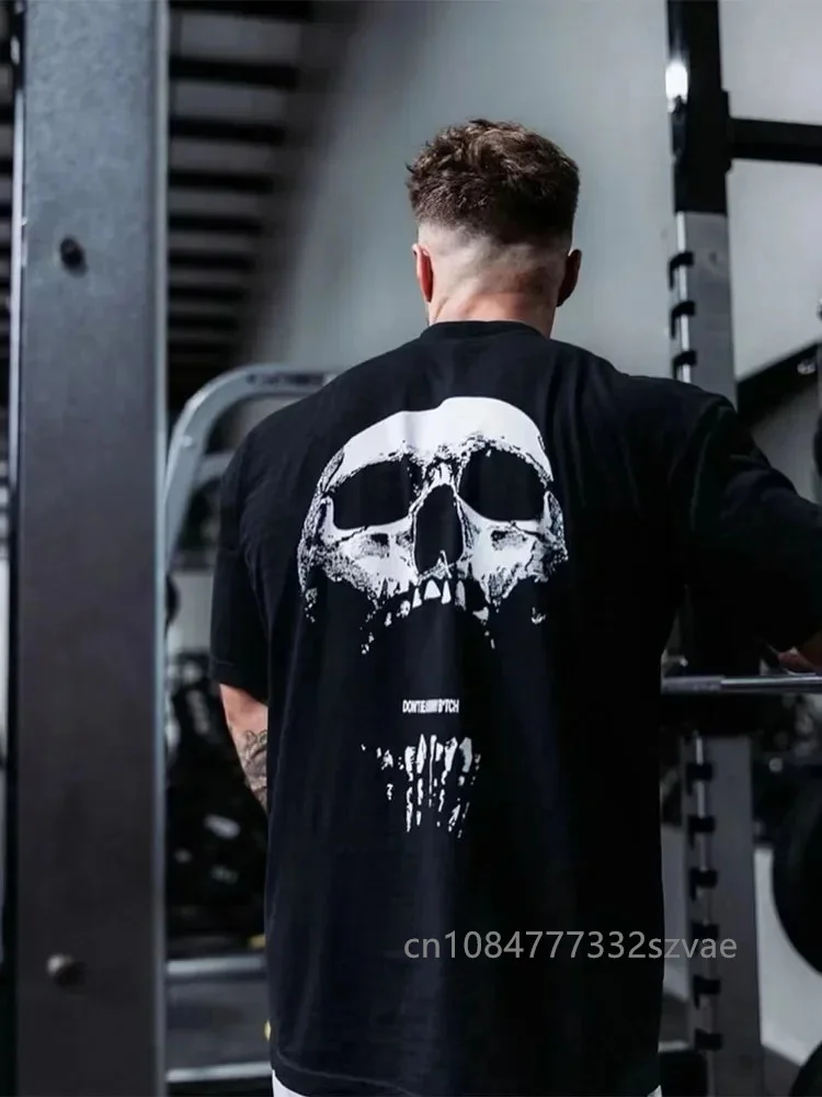 

2024 Gym Fitness T-shirt Loose Oversized Cotton Men Short Sleeves Bodybuilding Sports Tees Summer Training Workout Jogging Tops