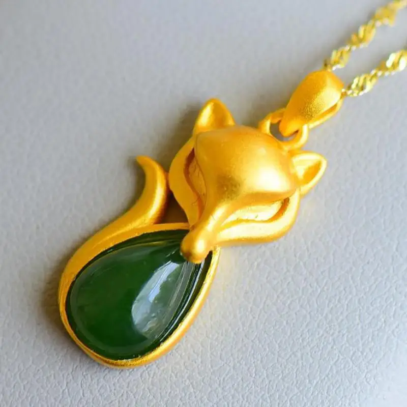 

Natural Green Jade Gold Fox Pendant 925 Sterling Silver Necklace Women Hetian Jades Nephrite Charms Lucky Amulet Accessories