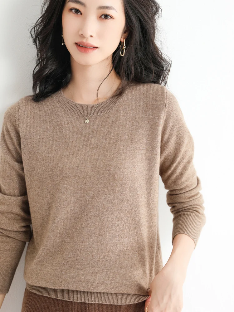 Maglione Donna A Girocollo In Misto Cashmere, Beige, Taglia M - Pullover Slim Basic A Manica Lunga, Morbido Ed Elastico, Per L'inverno