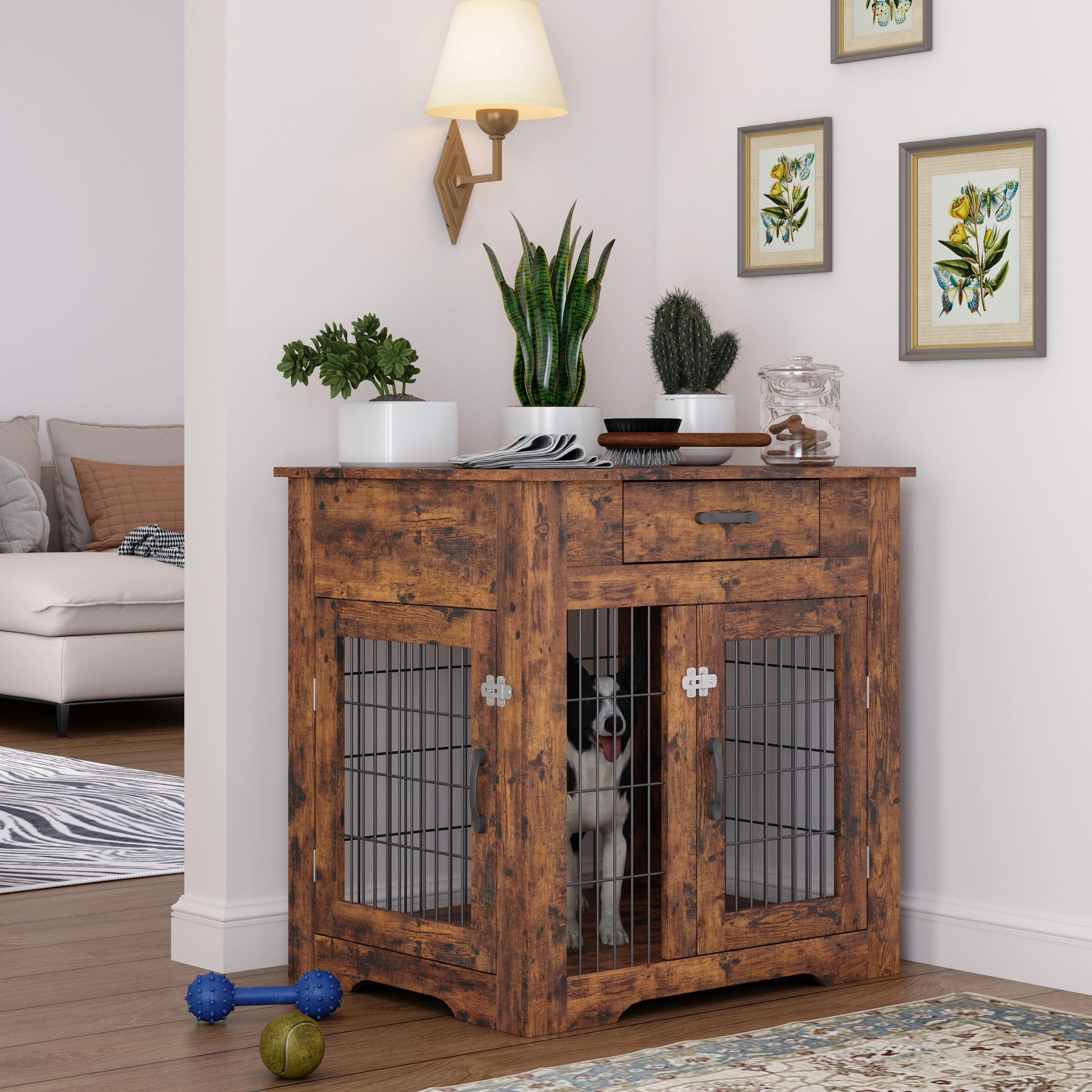 

Dog Crate Furniture, Dog Crate End Table with Drawer, Wooden Dog Kennel with Double Doors, Decorative Dog Kennel
