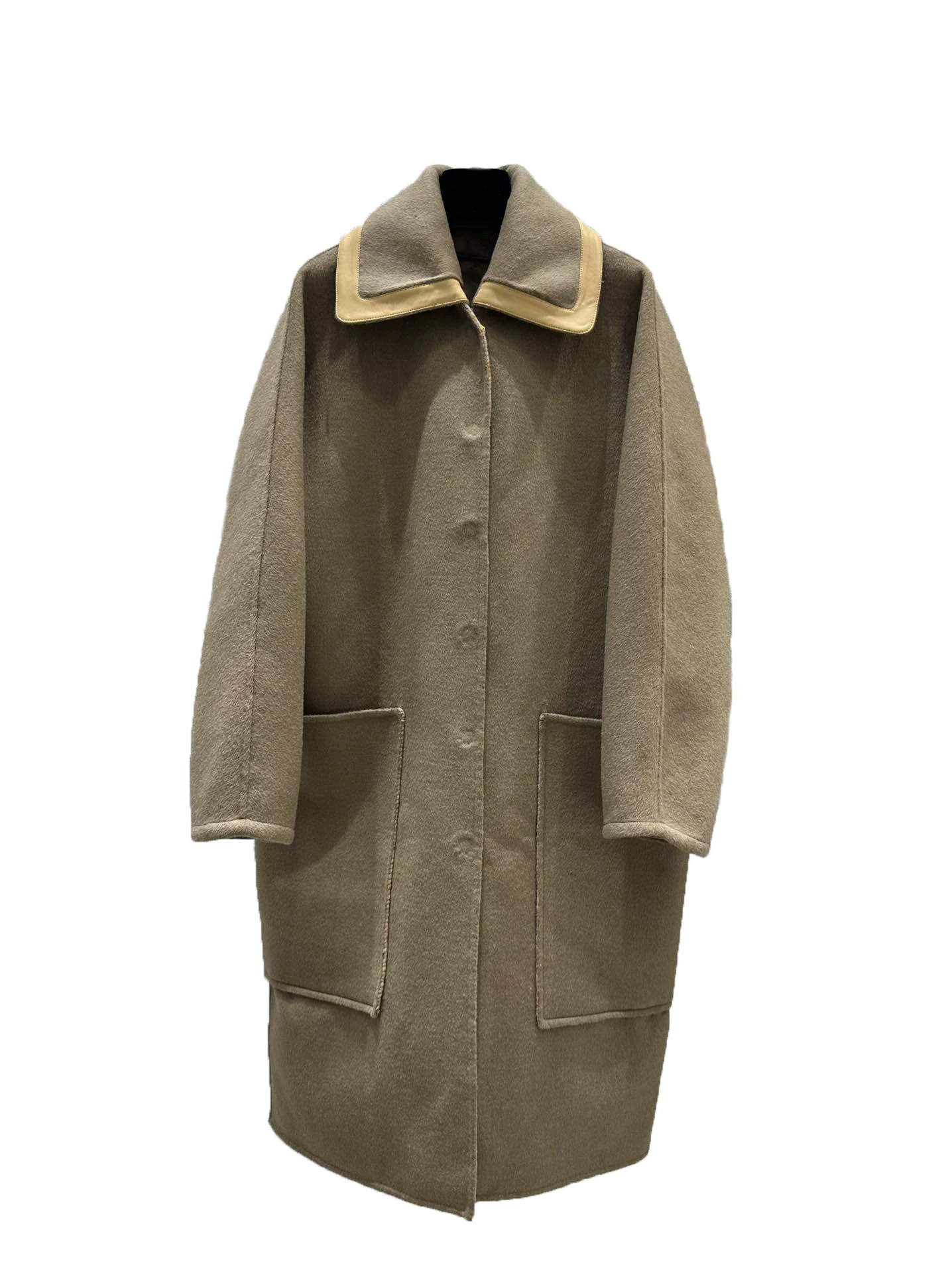

Removable leather trim collar snap button front coat fashionable atmosphere 2023 fall and winter new