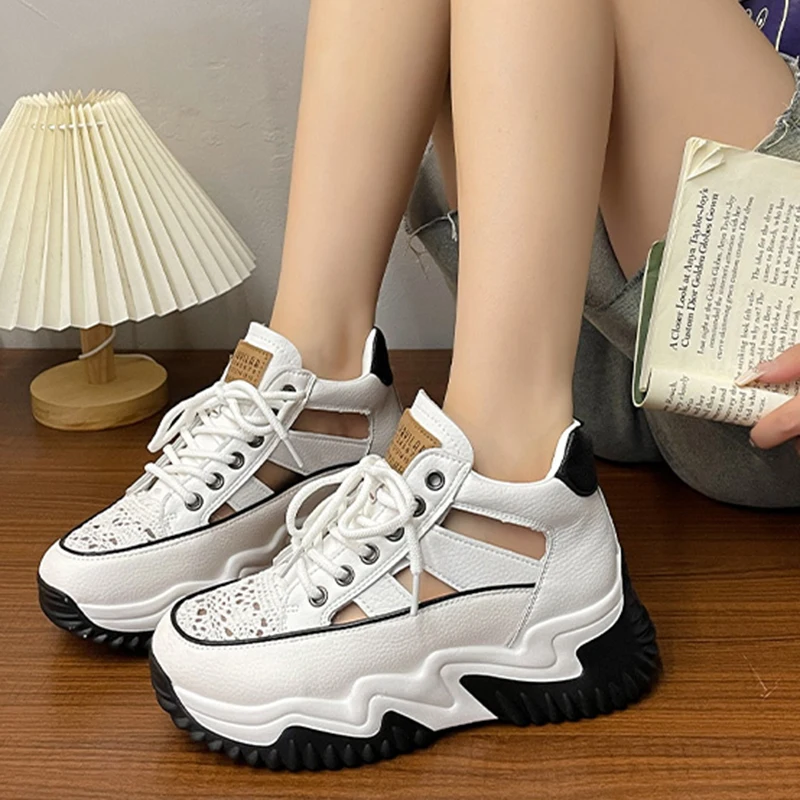 

Lucyever Hollow Chunky Platform Sneakers for Women Mixed Color Thick Sole Casual Sneakers Woman Non Slip Lace Up Trainers Female