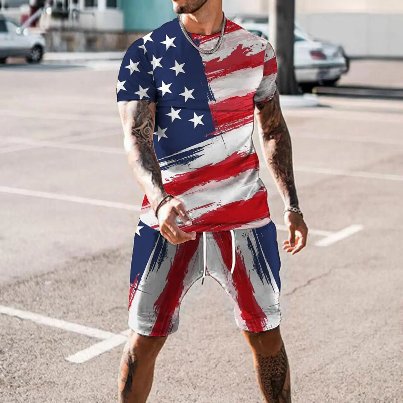 American Flag Printed Casual Suit Vintage USA T-Shirt Shorts 2-Piece Set Summer Men's Tracksuit Fashion Oversized Clothing Set