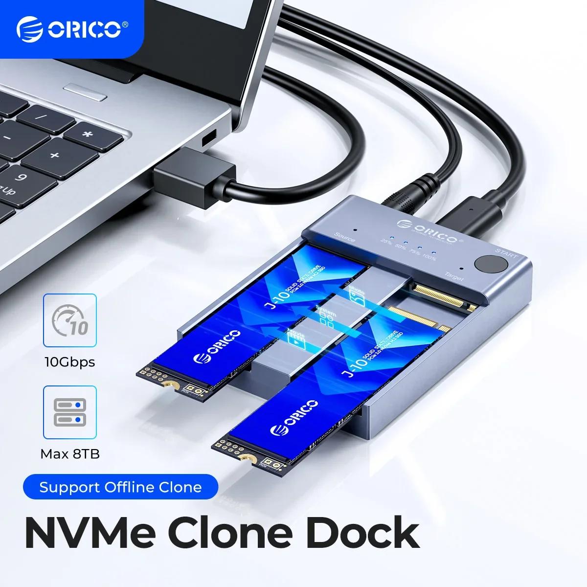 Orico M.2 Nvme Cloner Dual Bay Nvme Usb C A Nvme Ssd Enclosure Alluminio M.2 Duplicatore Clone Offline Per Pcie M-Key Ssds 8Tb
