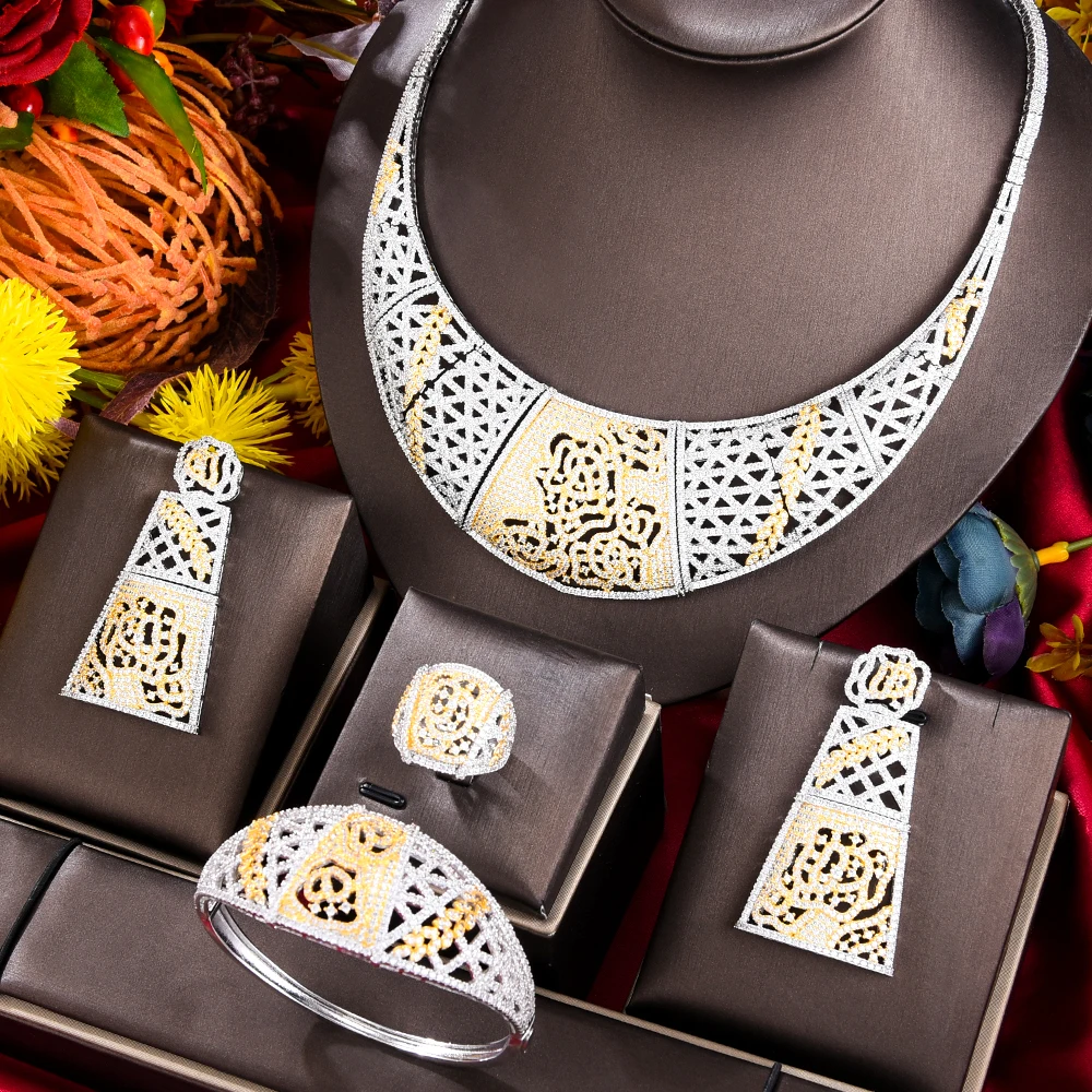 

GODKI Fashion Hollow Flowers 4PCS Nigerian Jewelry Set For Women Wedding Party Zircon CZ Indian African Bridal Jewelry Set 2020