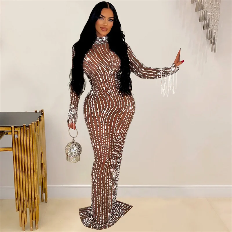 

Luxury Long Sleeve See Through Mesh Diamonds Elegant Party Dresses for Women Rhinestone Hot Drilling Sexy Night Club Maxi Dress