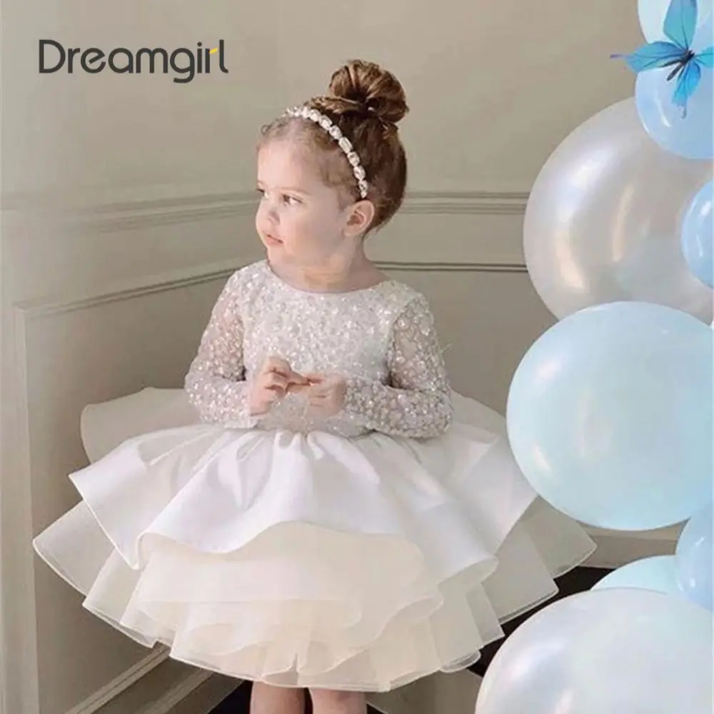 

Платье для девочки Dreamgirl с круглым вырезом и цветочным принтом, платье цвета слоновой кости с длинными рукавами и дождевым камнем для первого причастия, Платье трапециевидного силуэта с оборками для дня рождения