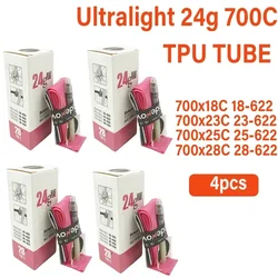 Ultralight TPU Road Bike Inner Tube with French Valve, 700C for 65mm with Patch kit (4PCS 700x18-28c 24g)