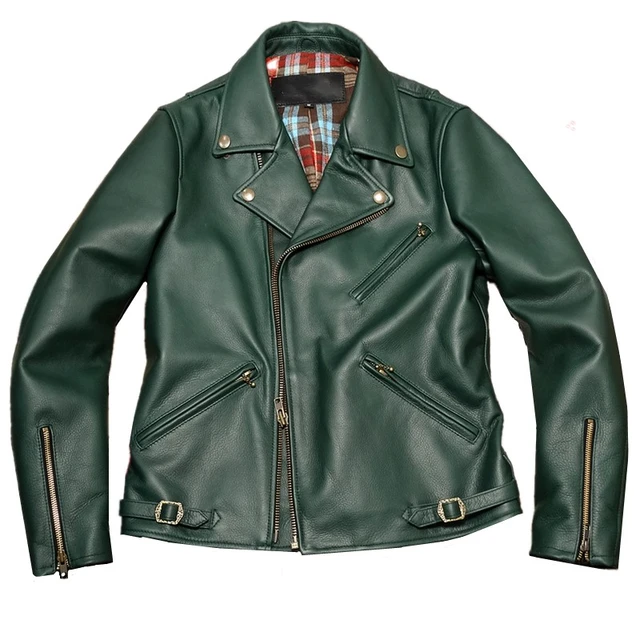 Free shipping.Brand vintage green thick cowhide jacket.quality