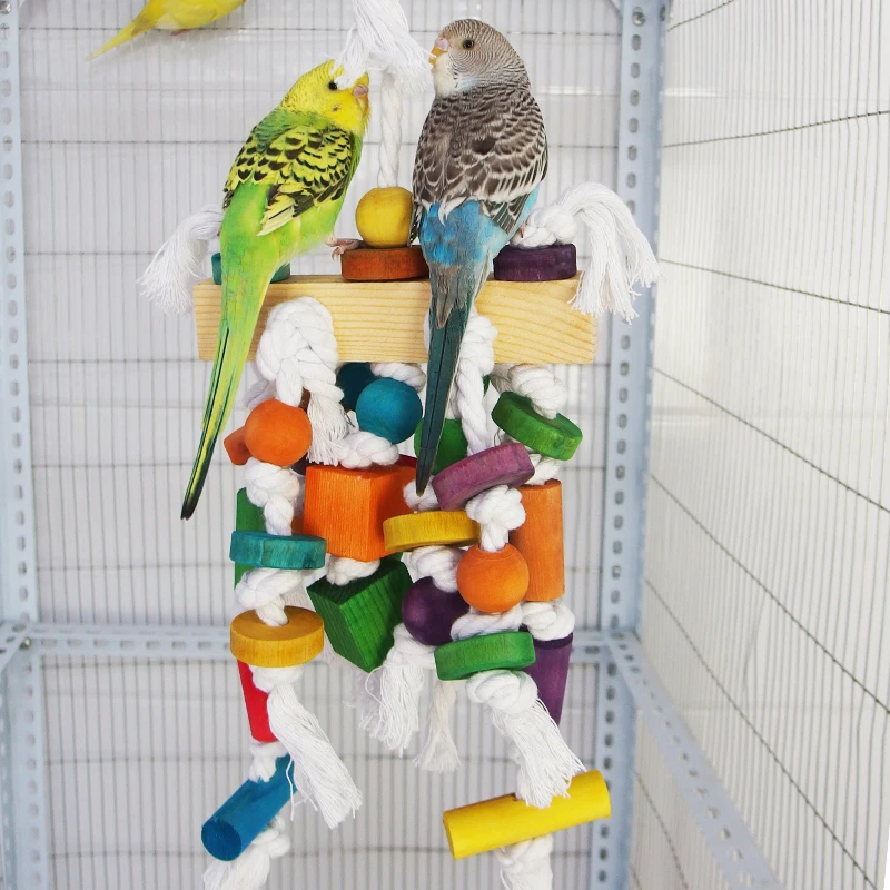 Pet Bird Cages Chewing Playing Toys Small Big Parrot Cockatiel Parakeet Wooden Blocks Swing Food Grade Toys