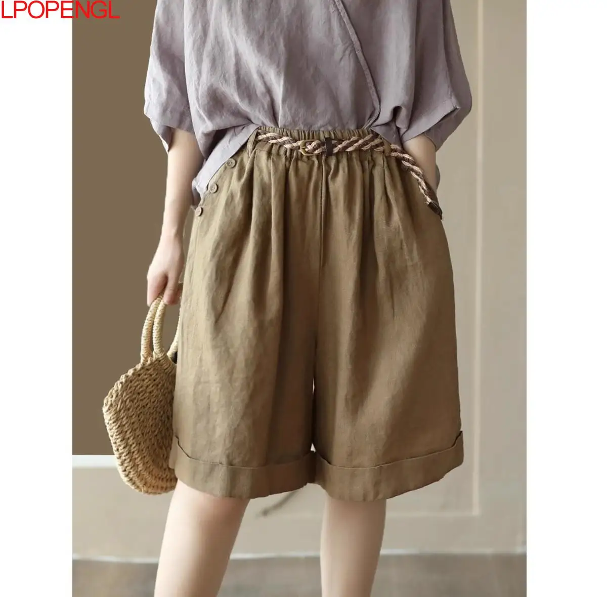 

2023 Summer New Retro Slim Cotton Hemp Casual Elastic Waist Loose Split Wide Leg Short Pants