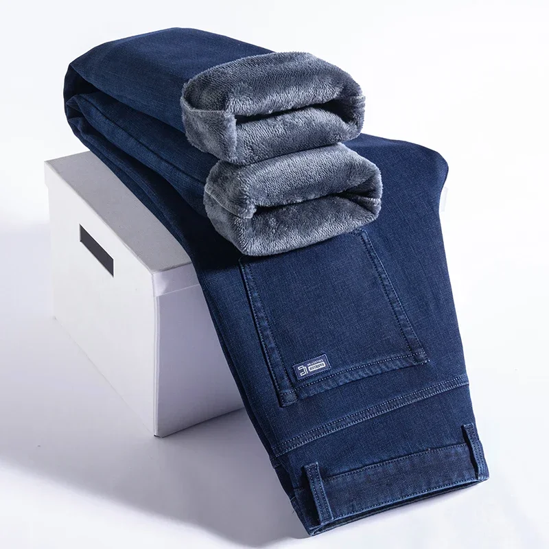 3 Color Straight Fleece Jeans Men Winter Warm Fashion Casual Baggy Classic Style Solid Color Denim Trousers Male Brand Clothing