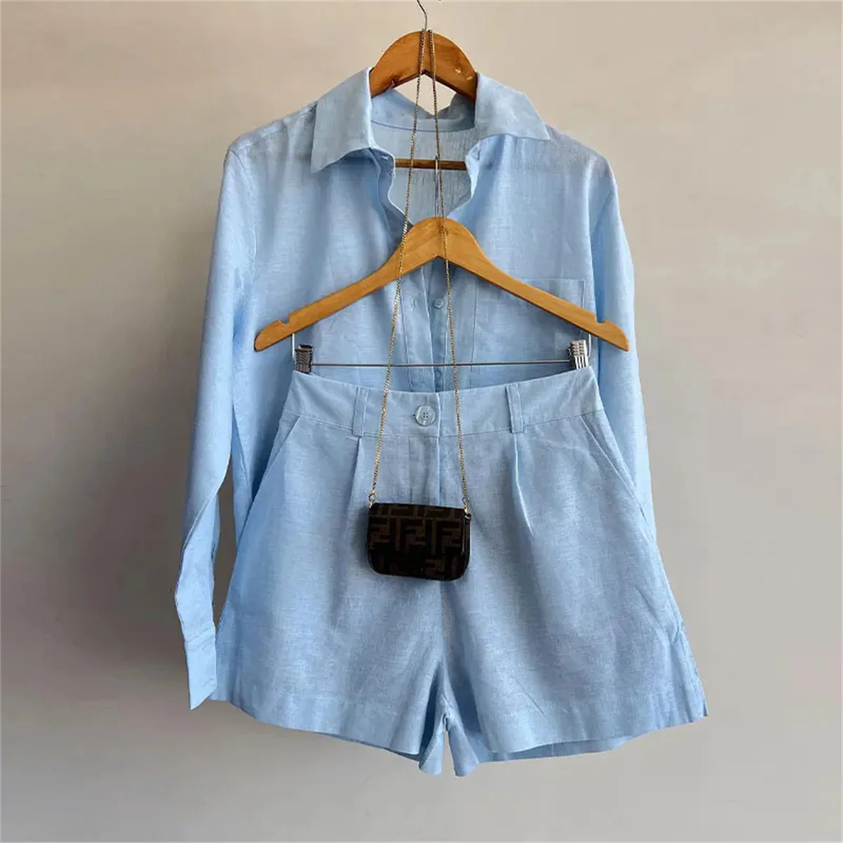 Fashion Cotton Linen Loose Short Shirts Sets Long Sleeve Lapel Blouse High Waist Casual Shorts Suit 2024 Highstreet Lady Outfits