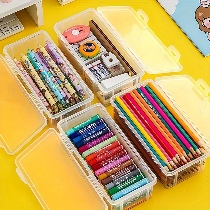 2Pcs Transparent Dustproof Waterproof PP Plastic Pencil Organizer Portable Stationery Storage Box for Students & Office Workers