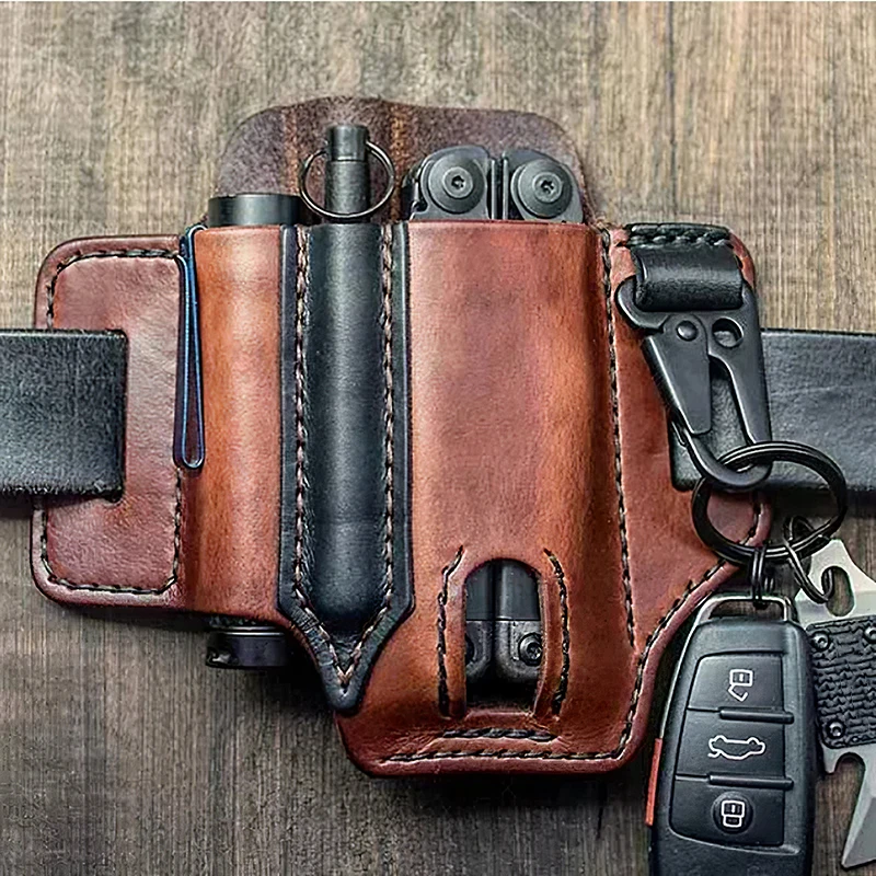 Leather/pu sheath pro více účelové nářadí sheath EDC kapsa organizátor s šifrovací klíč držák pro pás a baterka kemping outdoorové nářadí