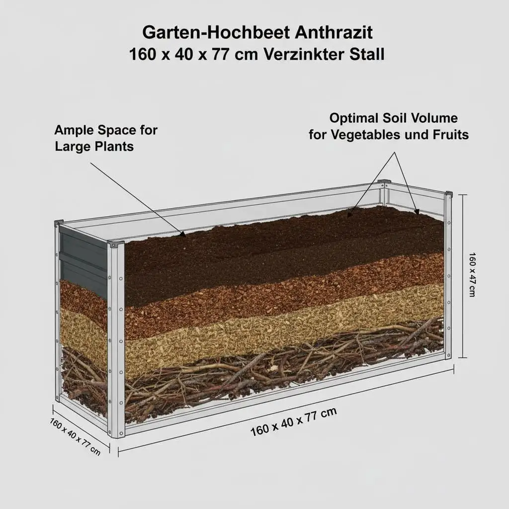 Garten-Hochbett 160x40x77 cm aus verzinktem Stahl, Anthrazit, mit offener Rückwand – Detail 6