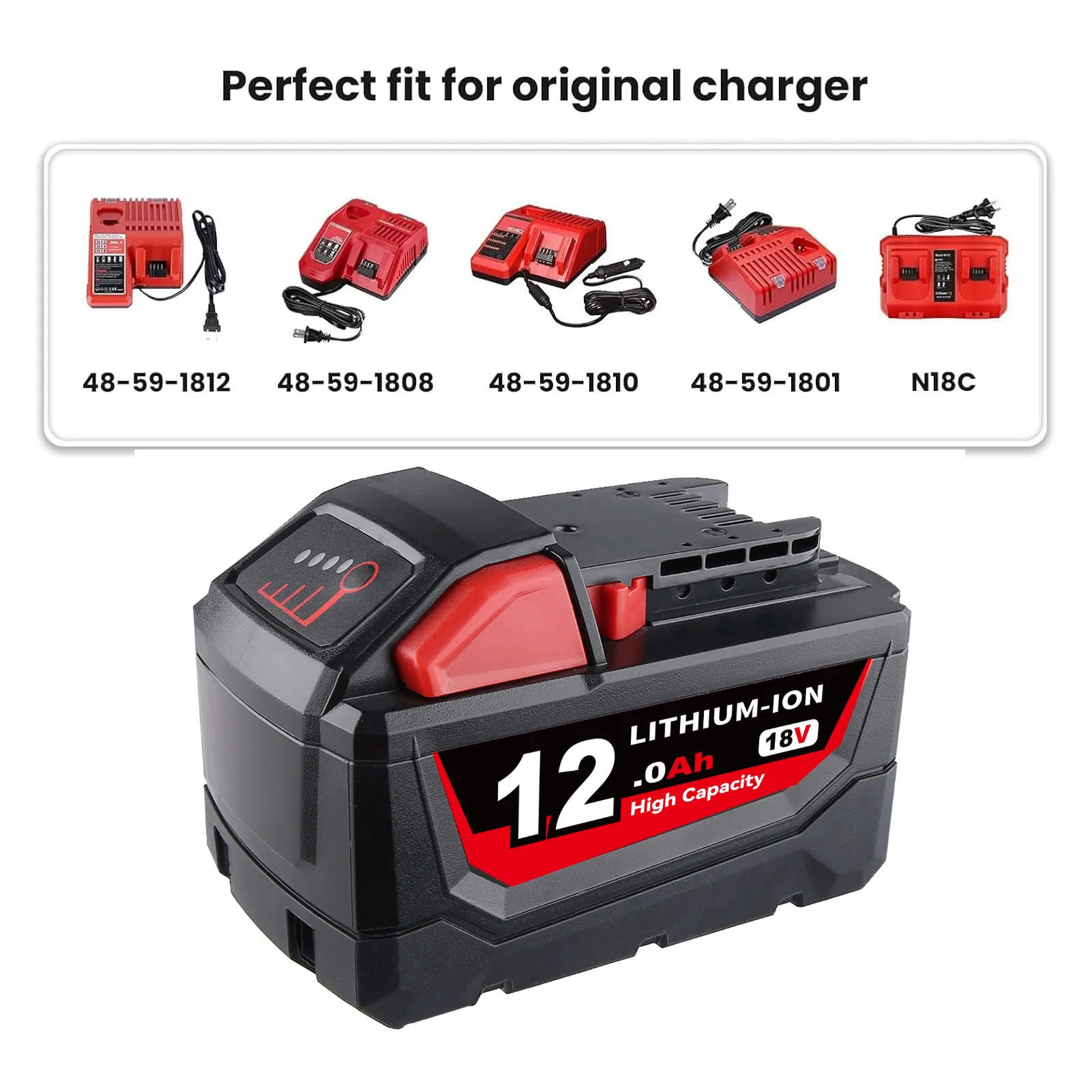 1/2/4P M18 12.0Ah 18V MAX Lithium-ion Battery Replace for Milwaukee 48-11-1810 48-11-1820 48-1100 Cordless Tools Battery pin - 3