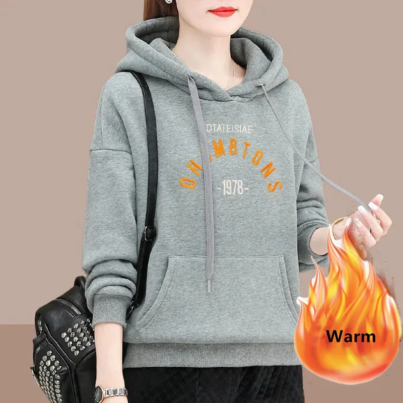 Loose Thicken Hoodies Warm Winter Sweatshirt Oversize 80kg Embroidery Long Sleeve Tops Snow Wear Casual Woman Hooded New