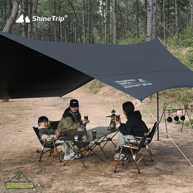 ShineTrip 야외 캠핑 블랙 고무 풀 차양 텐트, 실버 코팅 육각 휴대용 두꺼운 자외선 차단 레인 텐트